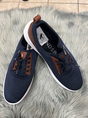 Cole Haan Navy Knit Sneakers with Brown Trim and White Sole